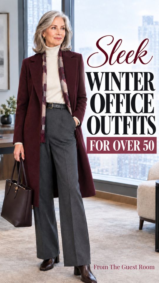 A woman wears a burgundy long coat with a cream sweater, ankle boots, and a tote for a winter office outfit for women over 50