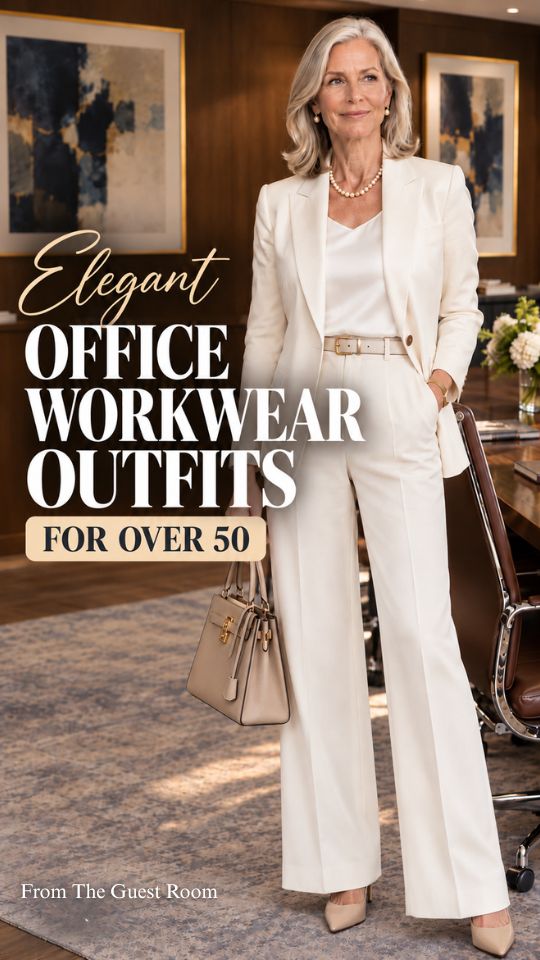 A woman wears a cream blazer over a white top with navy wide-leg trousers, pointed heels, and drop earrings in an article about office outfits, for a office workwear outfit for women over 50