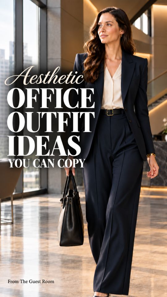 A woman wears a navy blazer and trousers with a ivory blouse, black belt, and handbag, illustrating aesthetic office outfits for women
