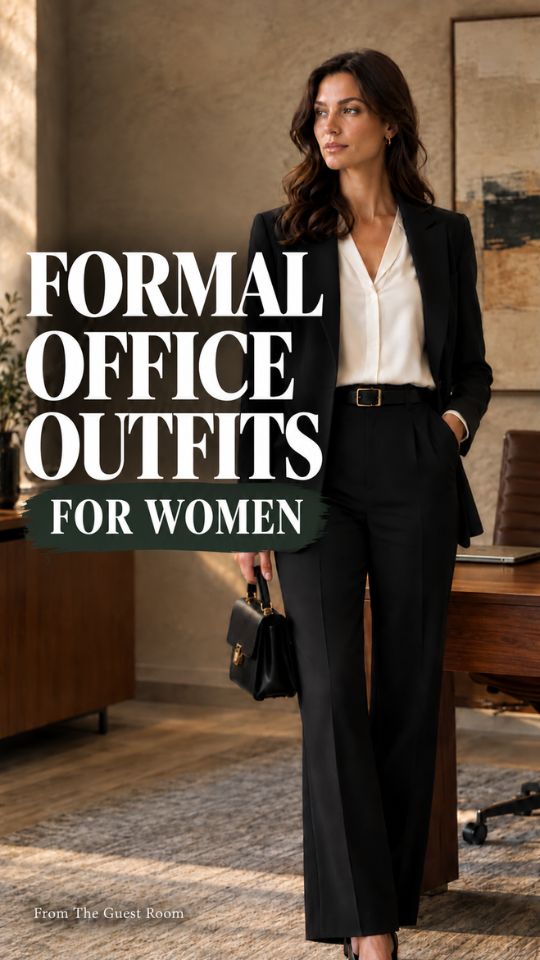A woman wears a white blouse with ivory wide-leg trousers, pointed heels, and a belt for a formal office outfit for women