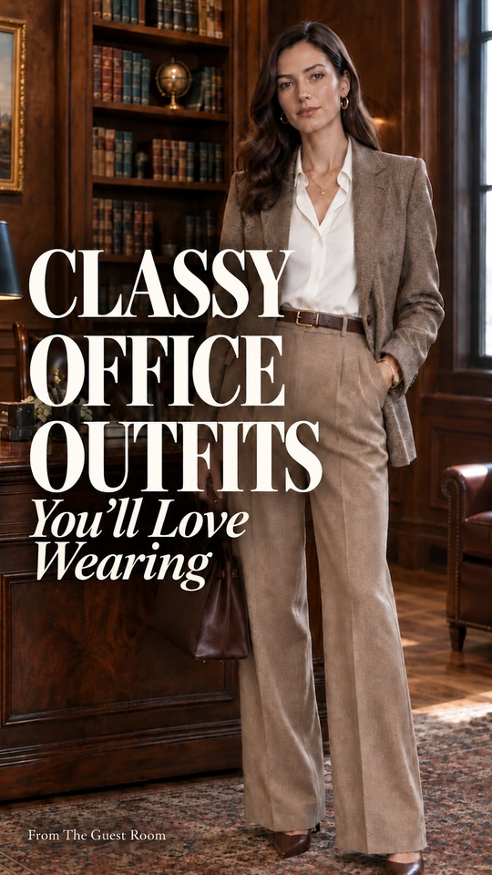 A woman wears a white top, a blazer with ivory wide-leg trousers, pointed shoes, and a handbag for a classy office outfit