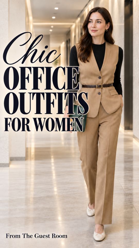 An office outfit with acamel tailored vest and matching trousers are worn over a black long-sleeve top, with a slim belt, dark green clutch, and cream flats