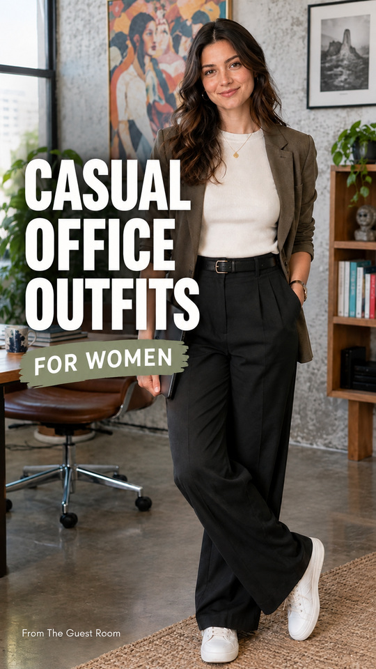a woman in a casual office outfit with a brown blazer, white fitted top, black wide-leg trousers, and white sneakers
