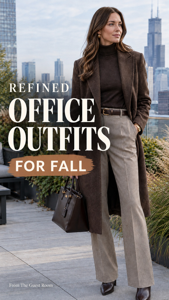 a woman in an office outfit for fall with a dark brown turtleneck, matching tailored coat, gray wide-leg trousers, brown ankle boots, and a structured leather handbag