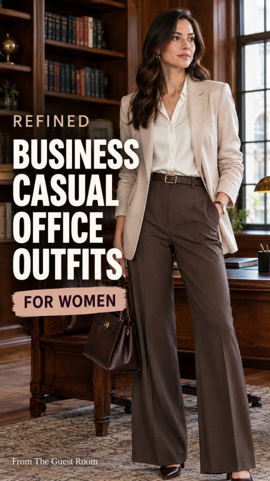 a woman in business casual office outfit with a white shirt, a beige blazer and wide leg trousers