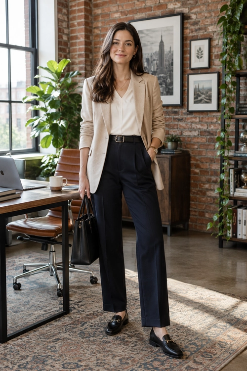 Beige Blazer and Black Trousers A beige blazer and white blouse are paired with black wide-leg trousers, a black belt, loafers, and a structured handbag.