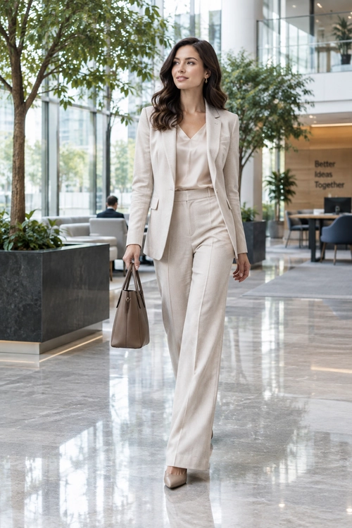 Polished Beige Suit A woman wears a beige blazer and trousers over a light V-neck top, carrying a taupe handbag with nude pointed-toe heels.