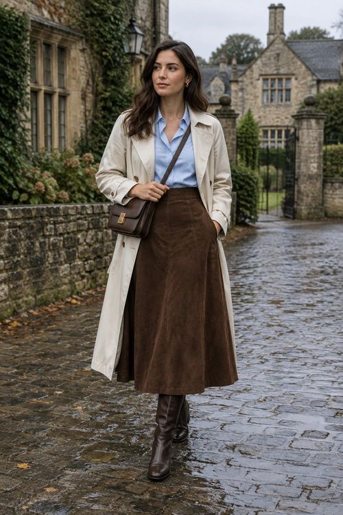 Classic Trench and Brown Skirt A beige trench coat layered over a light blue shirt and brown midi skirt, styled with dark brown boots and a crossbody bag.