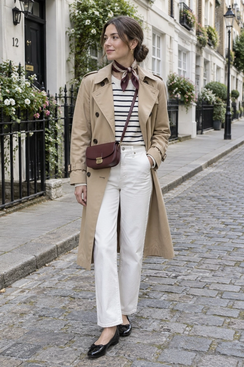 A beige trench coat is layered over a navy-and-white striped top and white jeans, with a burgundy neck scarf and crossbody bag.