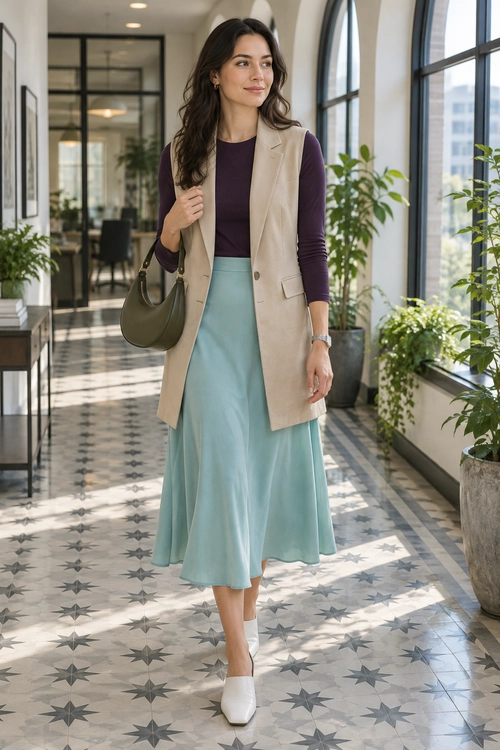Layered Vest and Midi Skirt A beige longline vest and dark plum top paired with a flowing mint midi skirt, white pointed-toe shoes, and an olive shoulder bag.
