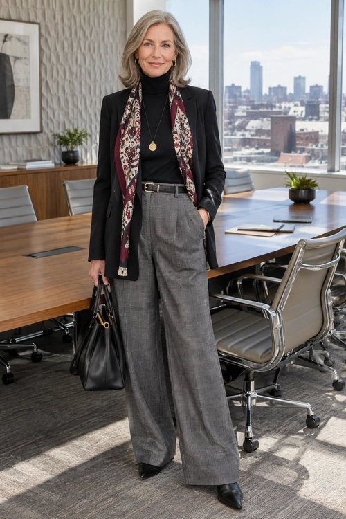 Polished Blazer and Wide-Leg Trousers A black blazer and turtleneck are styled with a patterned scarf, gray wide-leg trousers, a black belt, pointed shoes, and a black handbag.