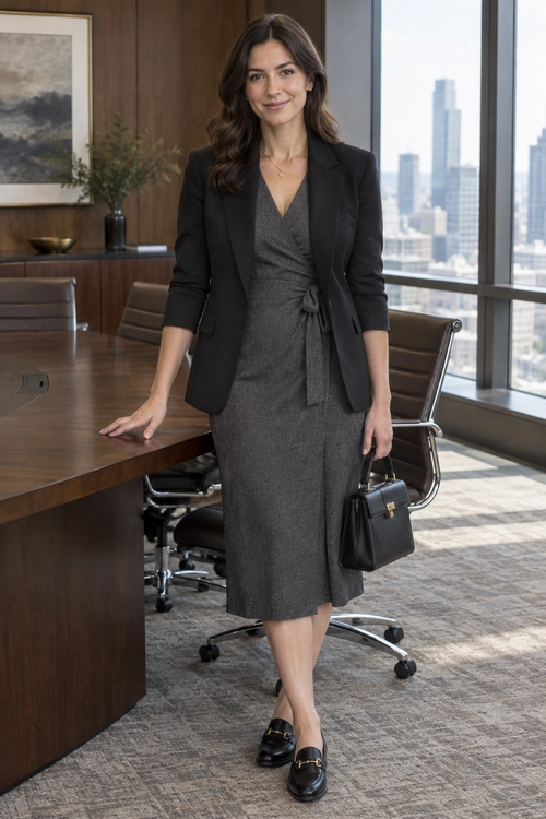 A black blazer layered over a gray wrap midi dress, styled with black loafers, a black handbag, and a delicate necklace.
