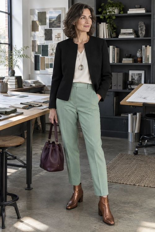 Black Blazer with Sage Trousers A black collarless blazer and cream V-neck top paired with sage green trousers, brown ankle boots, a pendant necklace, and a plum handbag.