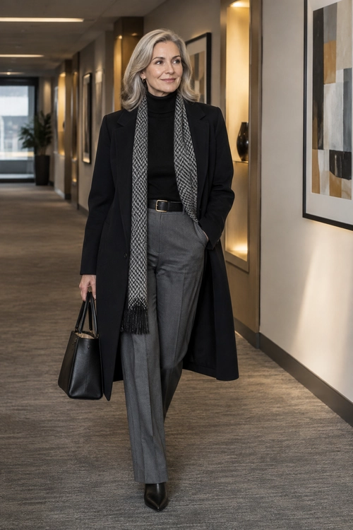 Black Coat and Gray Trousers A black long coat and turtleneck are paired with gray tailored trousers, a patterned scarf, a black belt, a structured handbag, and black ankle boots.