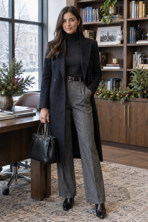 Polished Winter Workwear A black long coat and turtleneck paired with gray tailored trousers, a black belt, black handbag, and ankle boots.