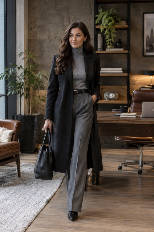 Polished Gray and Black Workwear A gray turtleneck and tailored trousers are layered with a long black coat, black belt, handbag, and pointed-toe shoes.