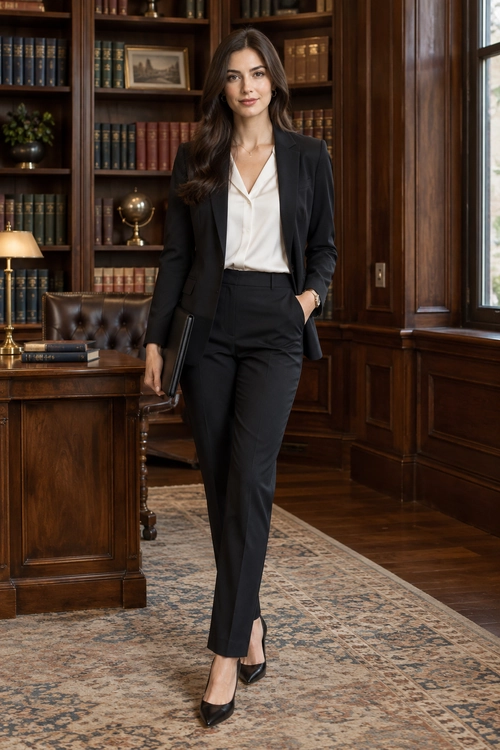 Classic Black Suit Outfit A black tailored blazer and trousers paired with a white blouse, pointed black heels, and a slim black portfolio.