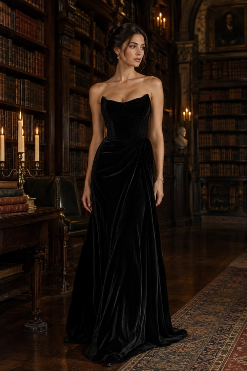 A woman wears a strapless black velvet gown with a fitted bodice and long draped skirt.