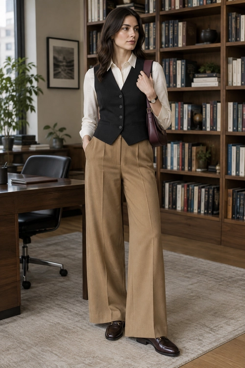 A white blouse and black buttoned vest are styled with tan wide-leg trousers, brown loafers, a burgundy shoulder bag, and a wristwatch.