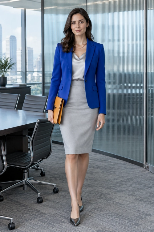Blue Blazer Office Outfit A cobalt blue blazer is paired with a light gray blouse, gray pencil skirt, pointed metallic pumps, and an orange clutch.