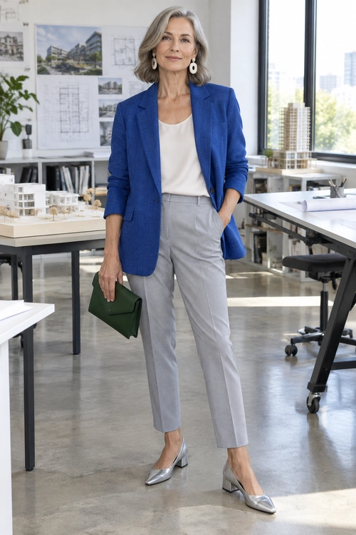A blue blazer, white top, gray trousers, silver pointed-toe shoes, white earrings, and a dark green clutch.