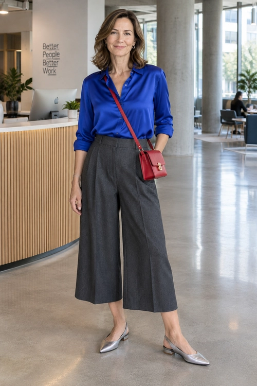 A cobalt blue button-front blouse tucked into charcoal wide-leg cropped trousers, styled with a red crossbody bag and silver pointed-toe shoes.