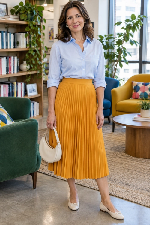 Blue Blouse and Mustard Pleated Skirt A light blue button-front blouse is tucked into a mustard pleated midi skirt, paired with cream flats and a cream handbag.