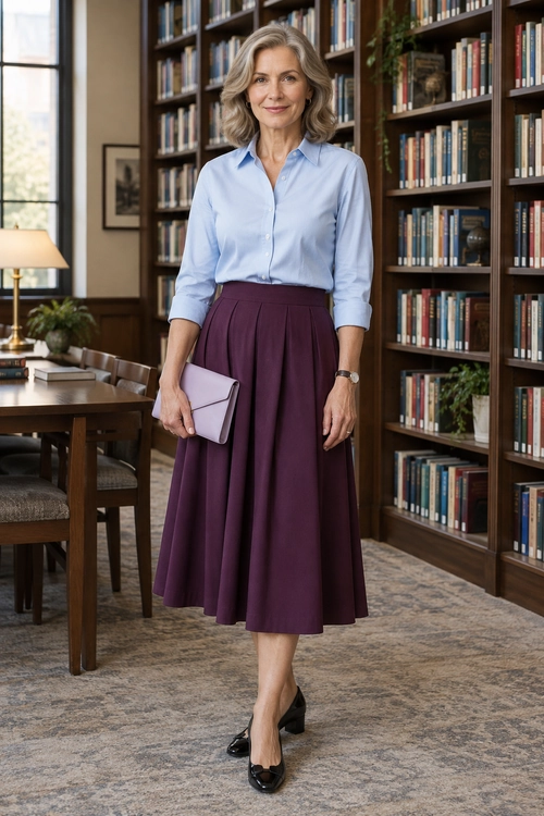A light blue button-up blouse is tucked into a plum pleated midi skirt, with a lavender clutch and black pumps.