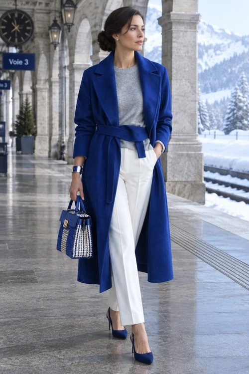 A long belted blue coat is worn over a gray knit top and white trousers, with blue heels and a woven blue-and-cream handbag.