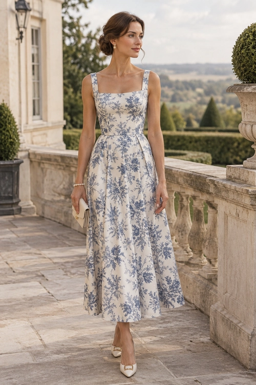 A cream ankle-length dress with blue floral print, square neckline and wide straps is styled with pointed heels and a small clutch.