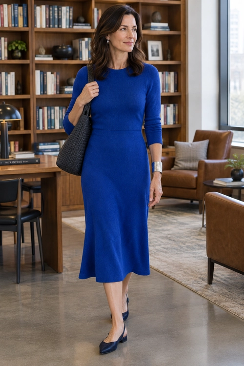 Blue Midi Dress Outfit A woman wears a fitted royal blue midi dress with dark flats, a charcoal tote, and a silver cuff bracelet.
