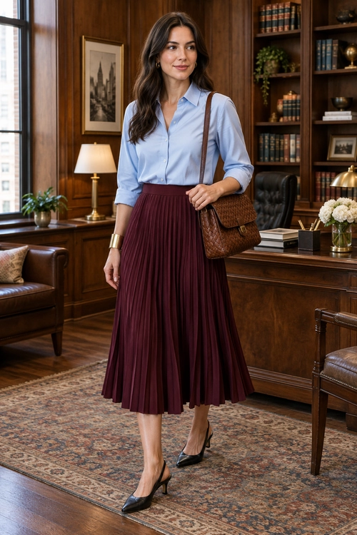 A light blue button-up shirt tucked into a burgundy pleated midi skirt, paired with black heels, a brown shoulder bag, and a gold cuff bracelet.
