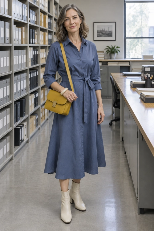 A slate-blue belted shirt dress is styled with a mustard-yellow crossbody bag and cream ankle boots.