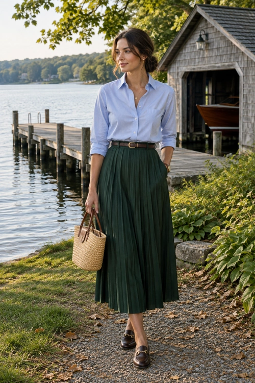 Blue Shirt and Green Pleated Skirt A light blue button-up shirt tucked into a dark green pleated skirt, styled with a brown belt, woven tote, and dark loafers.
