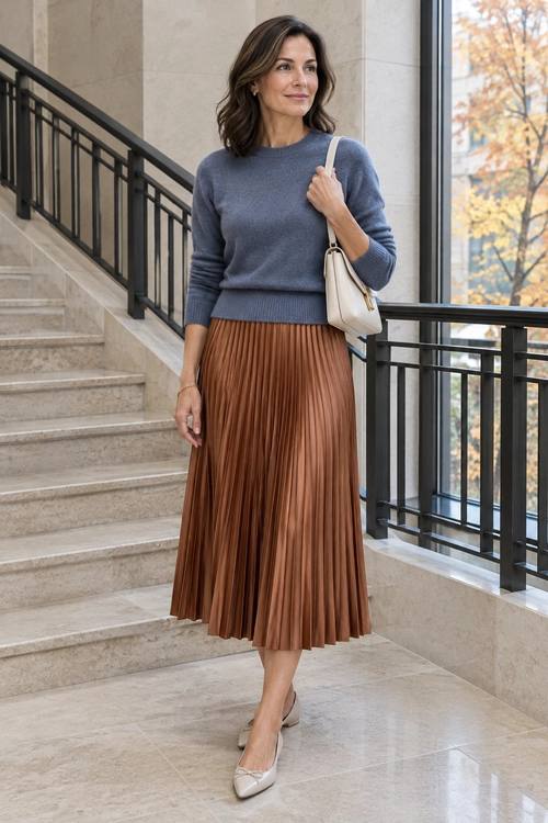 Blue Sweater and Pleated Skirt A slate blue sweater paired with a brown pleated midi skirt, cream shoulder bag, and beige flats.