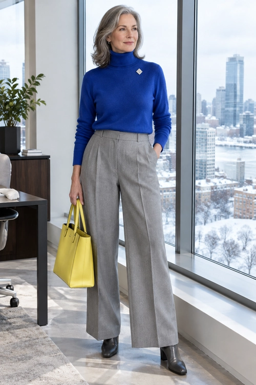 Blue Sweater and Gray Trousers A cobalt blue turtleneck sweater with a small brooch is paired with gray wide-leg trousers, dark ankle boots, and a yellow tote bag.