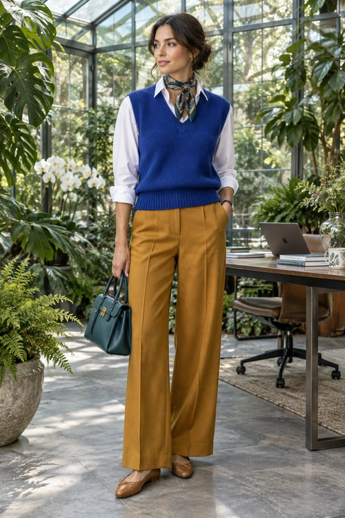 A white button-down shirt and blue sweater vest are paired with mustard wide-leg trousers, brown loafers, a patterned neck scarf, and a teal handbag.