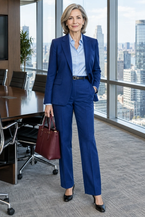 A cobalt blue blazer and matching trousers are worn with a light blue button-up shirt, black belt, black heels, and burgundy tote.
