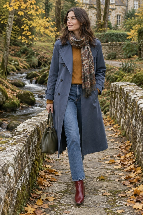 A blue-gray trench coat is layered over a mustard sweater and blue jeans, with a patterned scarf, burgundy boots, and an olive handbag.