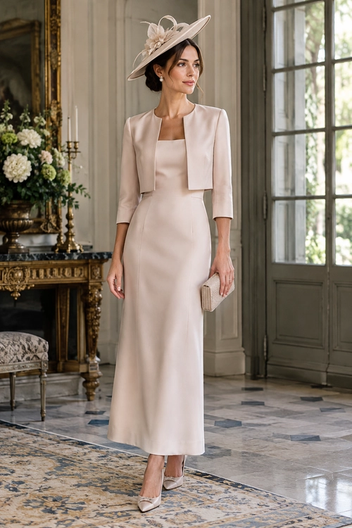 Blush Formal Dress and Hat A woman wears a pale blush floor-length dress with a cropped jacket, wide-brim hat, clutch, and pointed heels.