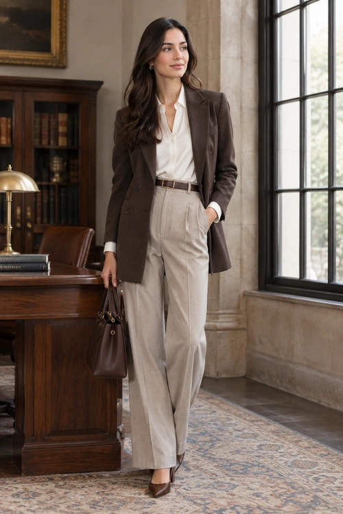 A woman wears a dark brown blazer over a white blouse with beige trousers, a brown belt, brown heels, and a matching handbag.