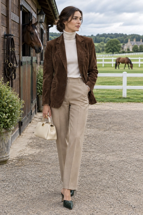Countryside Tailoring A brown blazer and cream turtleneck are paired with beige tailored trousers, a cream handbag, and dark green pointed-toe shoes.