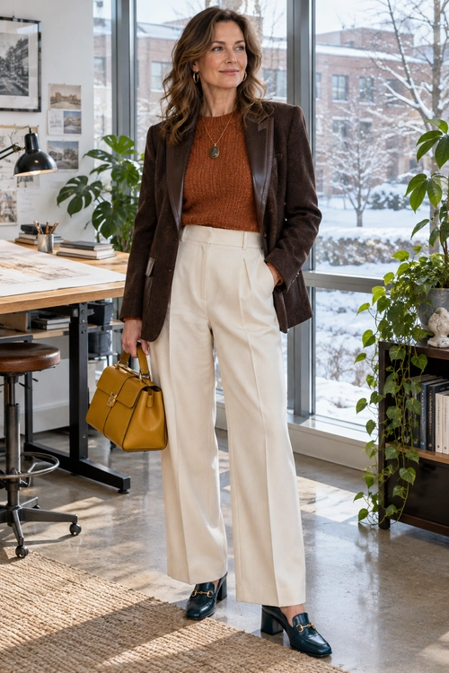 A dark brown blazer and rust knit top are paired with cream wide-leg trousers, dark loafers, and a mustard yellow handbag.