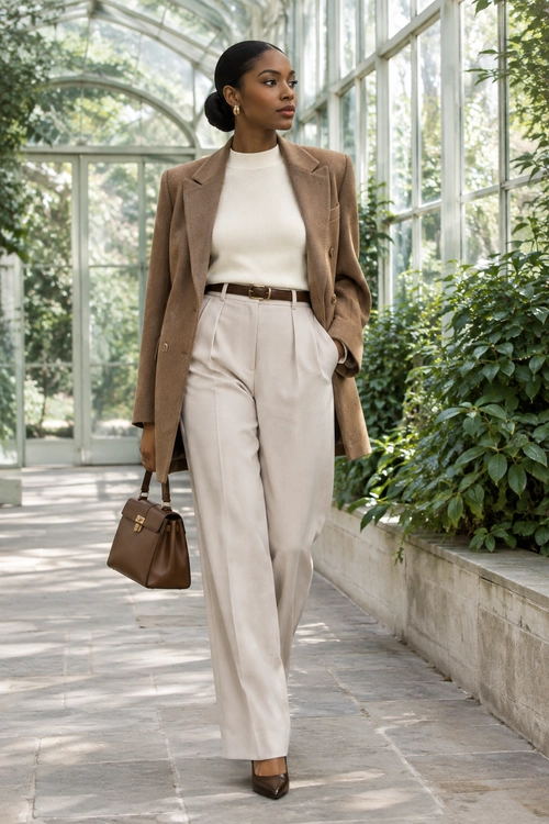 Tailored Neutral Layers A brown blazer and cream knit top are paired with ivory tailored trousers, a brown belt, a structured brown handbag, and dark brown heels.
