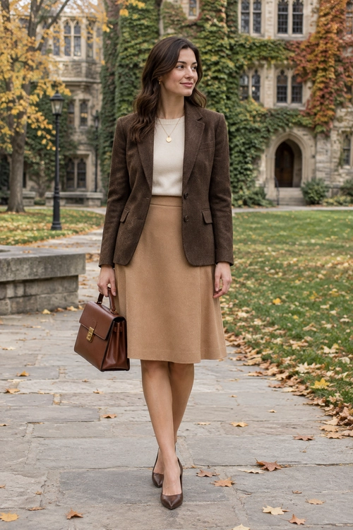 Brown Blazer and Tan Skirt A brown blazer over a cream top and tan midi skirt, styled with brown pumps, a matching handbag, and a gold pendant necklace.