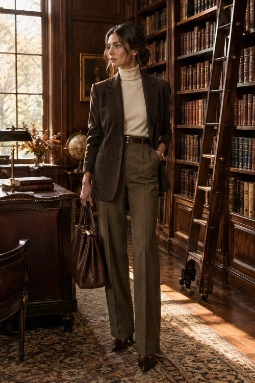 Tailored Brown Blazer Outfit A brown blazer and cream turtleneck paired with olive-brown trousers, a dark belt, a brown tote, and pointed shoes.