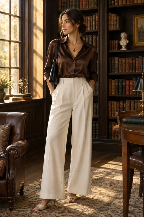 Brown Blouse and Wide-Leg Trousers A brown satin blouse is tucked into ivory wide-leg trousers and paired with a black shoulder bag and beige sandals.