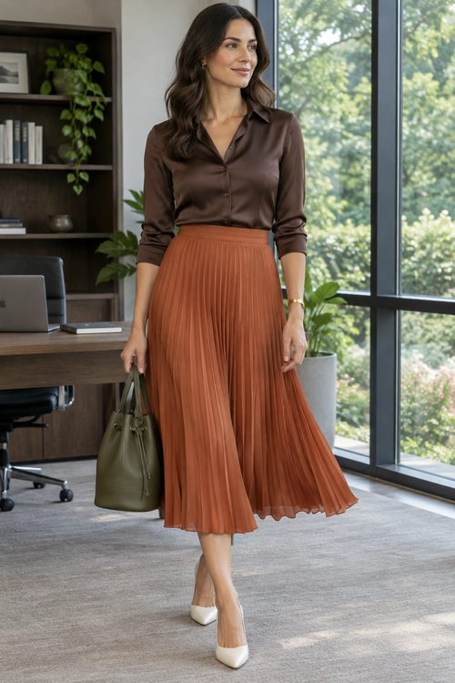 Brown Blouse and Rust Pleated Skirt A dark brown blouse and rust pleated midi skirt are paired with white pointed-toe shoes and an olive tote bag.