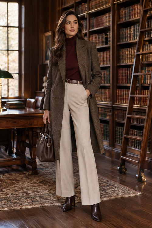 Polished Brown Coat Outfit A long brown coat is layered over a burgundy turtleneck and cream wide-leg trousers, with brown ankle boots and a matching handbag.