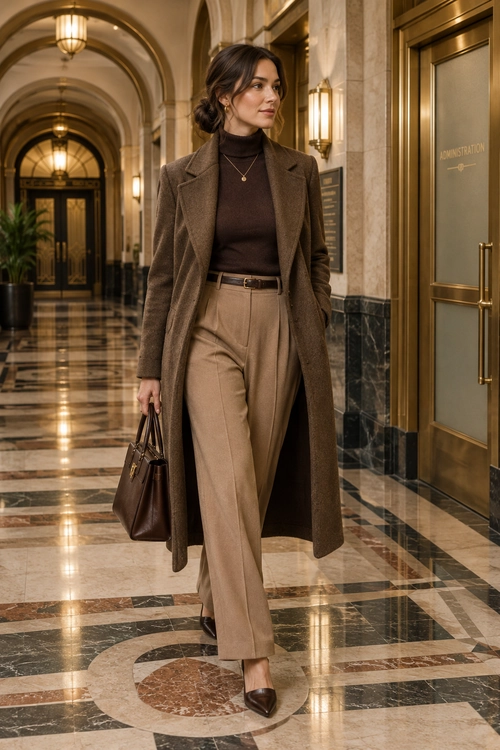 Brown Coat and Tailored Trousers A long brown coat layered over a dark brown turtleneck and beige wide-leg trousers, with a belt, handbag, necklace, and pointed shoes.